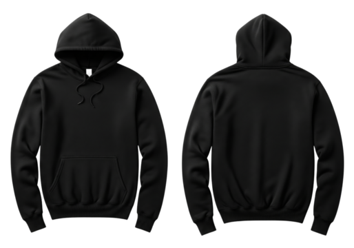 Front and back view of a blank black pullover hoodie for mockup, isolated on white