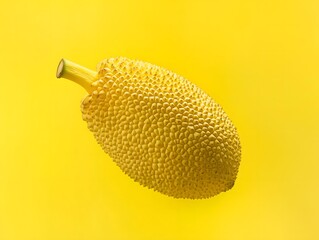 Large yellow spiky jackfruit rests on a solid bright yellow background