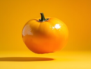 One bright orange tomato floats with a shadow on yellow fruit studio ads
