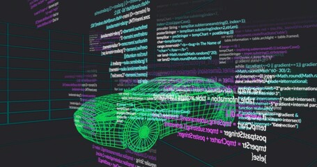 Obraz premium Rendering neon green wireframe car model rotating on grid floor, with floating code panels