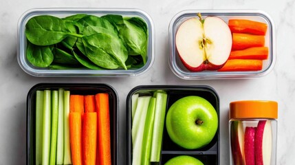 Freshly prepared meal prep containers filled with vibrant vegetables and fruits on a marble countertop