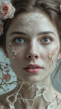 Vertical video: Starting shot capturing woman holding pose in softly lit studio with rose accent