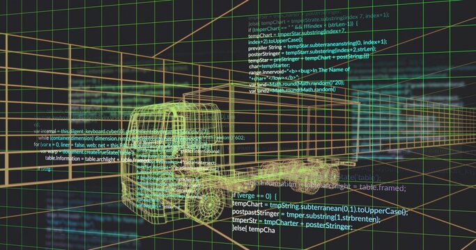 Fototapeta Displaying yellow-green wireframe truck rotating in virtual 3D workspace, showing grid, car, code