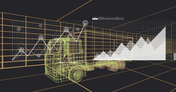 Fototapeta Rendering neon wireframe semi-truck in CAD, showing orange grid, polyline chart, HUD slider