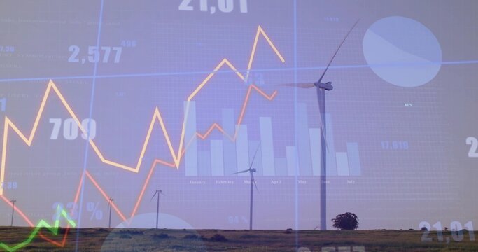 Displaying cluster of three wind turbines standing on flat grassy plain, with data overlays
