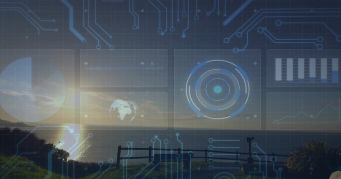 Merging ocean horizon with HUD overlay over grassy cliff, showing wooden bench and sun reflection - Powered by Adobe