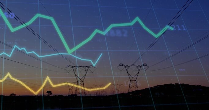 Displaying dark high-voltage towers and power lines at dusk over rural horizon, with data overlay