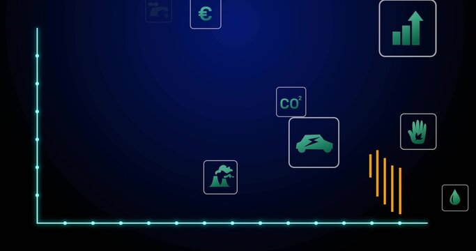 Fototapeta Showing glowing teal L axis with bottom nodes in digital dashboard, with CO2 or euro or car or plant