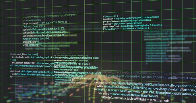 Pulsing central programming text cluster floating in virtual interface, with translucent green grid