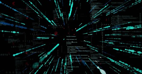 Fototapeta premium Streaming teal cyan streaks and trails racing through virtual space, showing code and binary digits