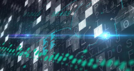 Glowing diagonal data wave and line-chart sweeping across HUD, with blue node and numeric glyphs
