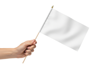 Hand holding a small waving white flag for mockup isolated on white