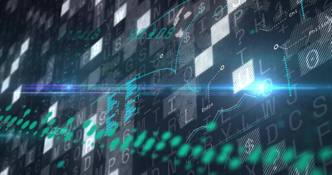 Glowing diagonal data wave and line-chart sweeping across HUD, with blue node and numeric glyphs