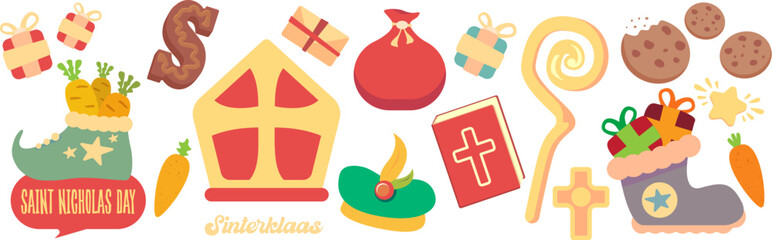 Sinterklaas and Saint Nicholas Day icons set vector illustration, traditional Dutch and Belgian holiday symbols, creative graphic art for greeting cards, invitations, and cultural event decorations