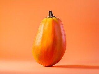 Single elongated orange gourd with green stem on solid orange background