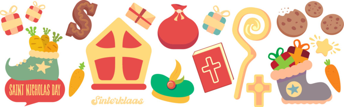 Sinterklaas and Saint Nicholas Day icons set vector illustration, traditional Dutch and Belgian holiday symbols, creative graphic art for greeting cards, invitations, and cultural event decorations