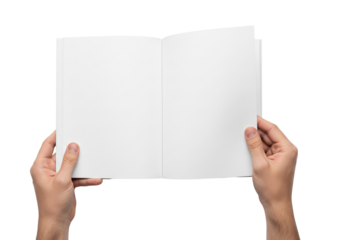 Male hands holding an open blank book or brochure for mockup, isolated on white