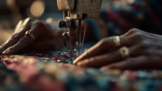 Hands of a person expertly guiding fabric under a sewing machine needle