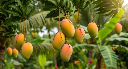 Ripe Mangoes Hanging from a Tree Branch in a Tropical Orchard