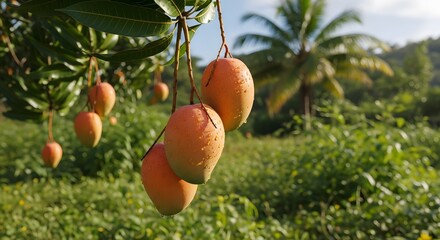 Ripe Mangoes Hanging from Tree Branch in Tropical Orchard with Dew Drops