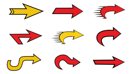 Collection of nine different arrow designs pointing in various directions, each with a unique style and color scheme