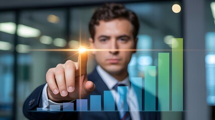 Planning and strategy, Stock market, Business growth, progress or success concept. Businessman or trader is showing a growing virtual hologram stock, invest in trading. Height return.