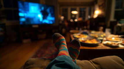 Low Angle Shot of Feet in Holiday Socks After Thanksgiving Meal