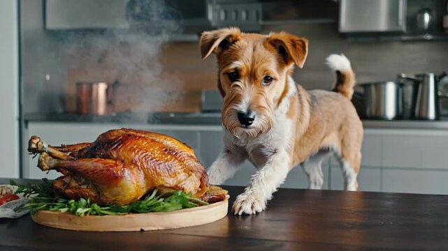 Cute terrier dog sitting on kitchen table with roasted turkey or chicken