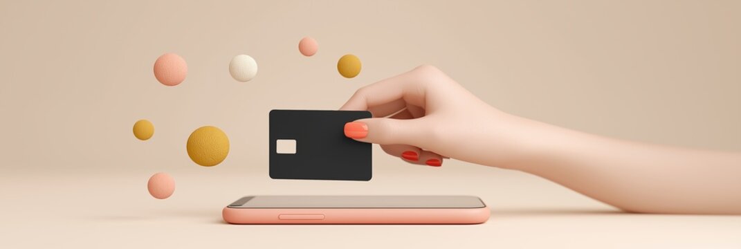 Hand with coral red manicure holding black credit card above smartphone screen with floating spheres
