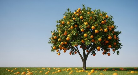 Ripe Orange Tree Laden with Fruit in a Lush Green Field Under a Clear Blue Sky