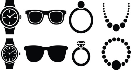 Collection of Fashion Accessories in Black Silhouette Including Watches Sunglasses Rings and Necklac