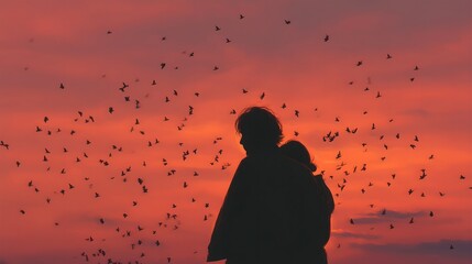 Couple Hugging Silhouetted Against Sunset with Birds