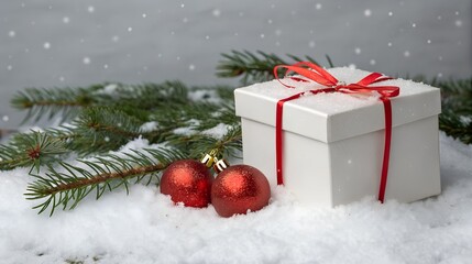 Christmas gift box with red ribbon and snow background