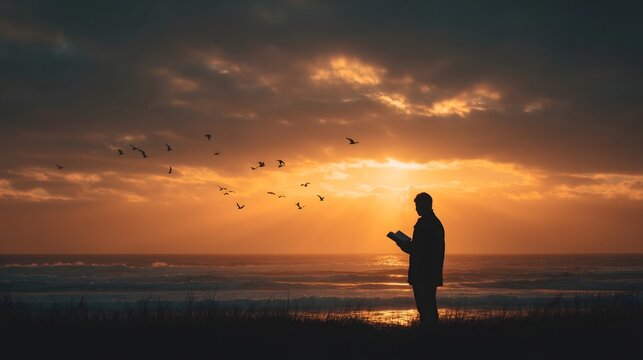 Silhouette of man reading book by ocean at sunset with birds