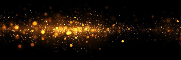 Blurry bokeh lights on black background, golden glitter sparkle stars for celebration