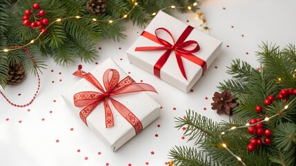 Christmas gift boxes with fir branches isolated on white background