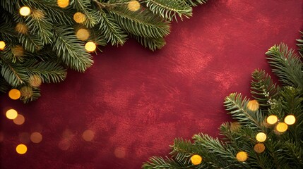 Christmas fir tree branches with lights on red background