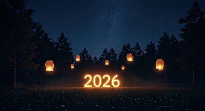 Glowing 2026 Numbers Floating Lanterns Night Forest