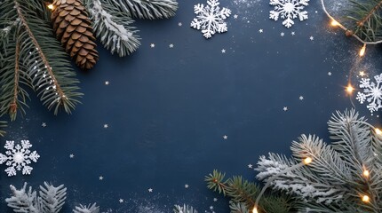 Christmas background with fir branches and snowflakes frame