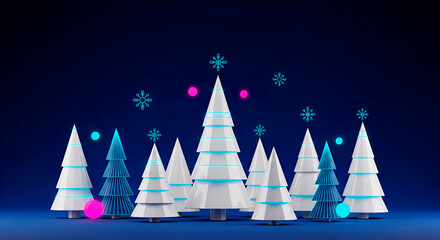 A minimalist 3D Christmas winter landscape with geometric white and silver fir trees on a dark blue background. A modern, festive New Year design.