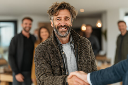 Remise des cl&eacute;s entre acheteur et vendeur apr&egrave;s la signature du contrat immobilier, symbole de transaction r&eacute;ussie et de nouveau d&eacute;part