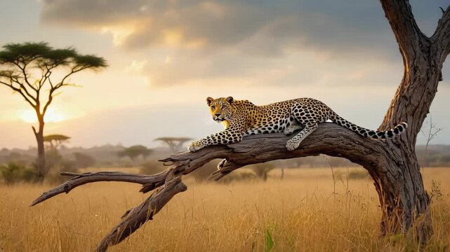 portrait of adult leopard lying on tree branch in savannah - Powered by Adobe