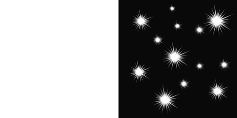 Fototapeta premium glowing light effects, featuring white starbursts and sparkles isolated on transparent and black backgrounds for design overlay. 