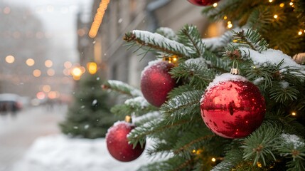 Christmas tree with red balls on the city street