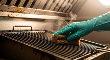 Hand in glove cleaning dirty greasy grill with sponge in commercial kitchen area