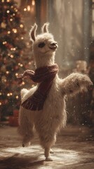 Obraz premium Whimsical Llama in Snowfall by Christmas Tree