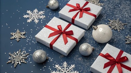 Christmas gifts and ornaments on blue background