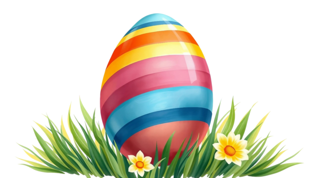 Vibrant striped Easter egg in grass with yellow flowers, glossy finish, isolated on transparent background. Perfect for spring and holiday design.