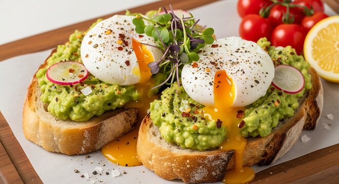 Gourmet avocado toast with perfectly poached eggs and fresh microgreens.