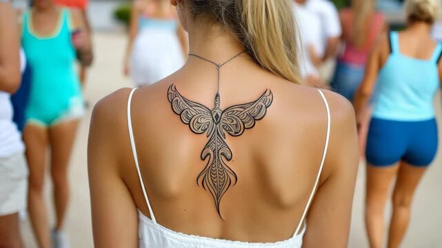 Stylish woman with intricate tattoo walking in crowded outdoor setting during sunny day